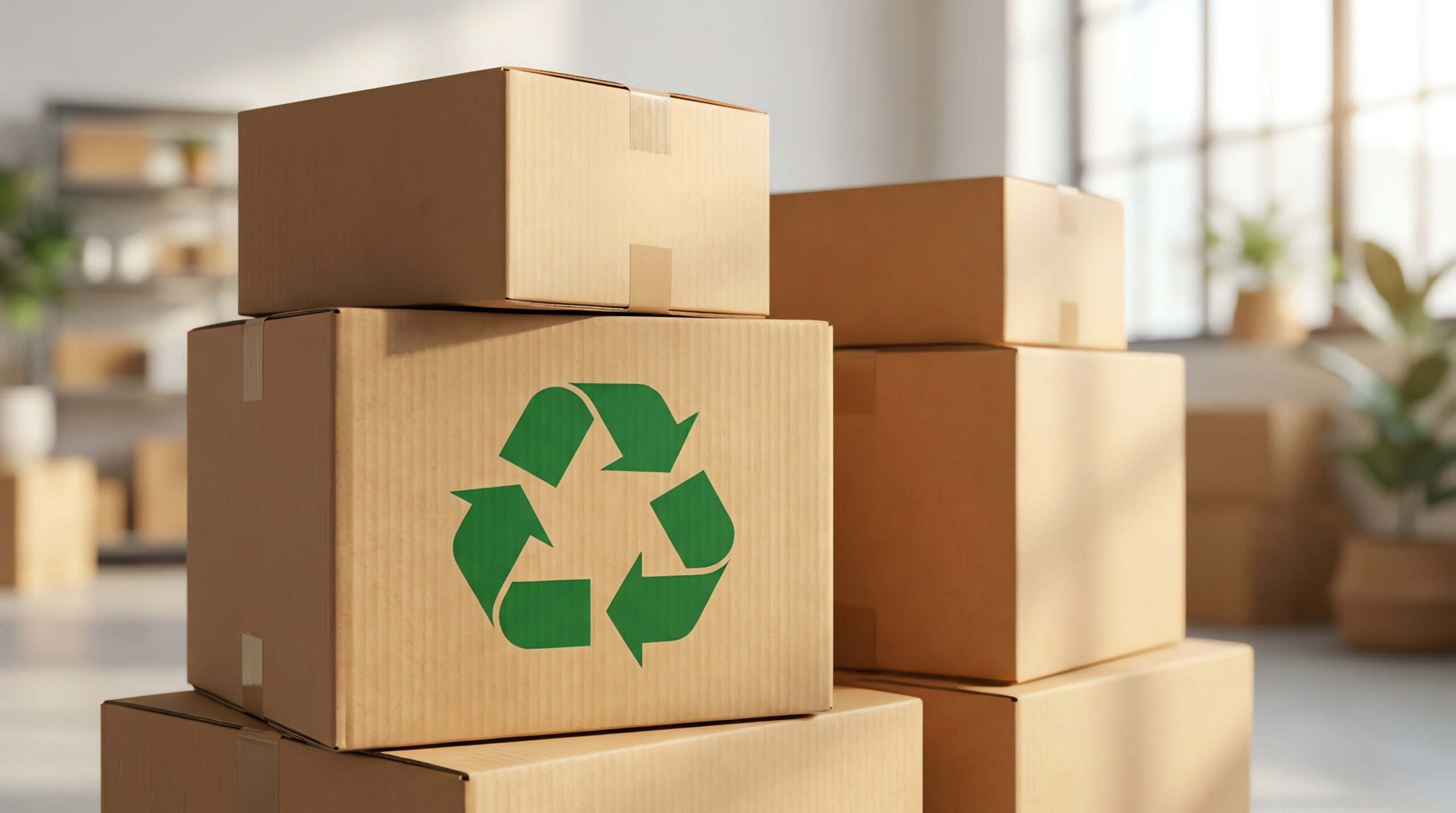 Stacked corrugated cardboard boxes with a green recycling symbol, representing recyclable paper-based packaging with barrier coatings